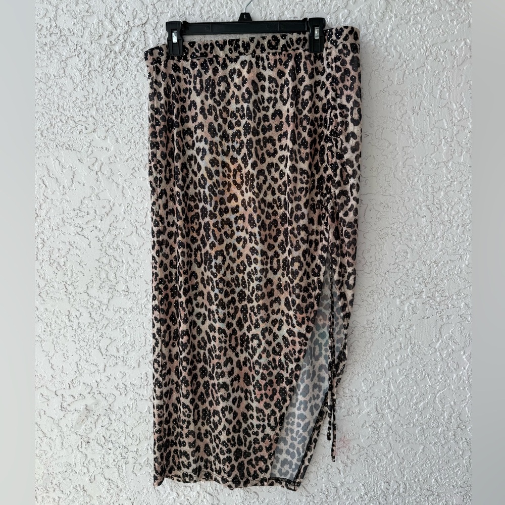 Leopard Print Mesh Ruched Drawstring Split Summer Midi Skirt cover up size XL